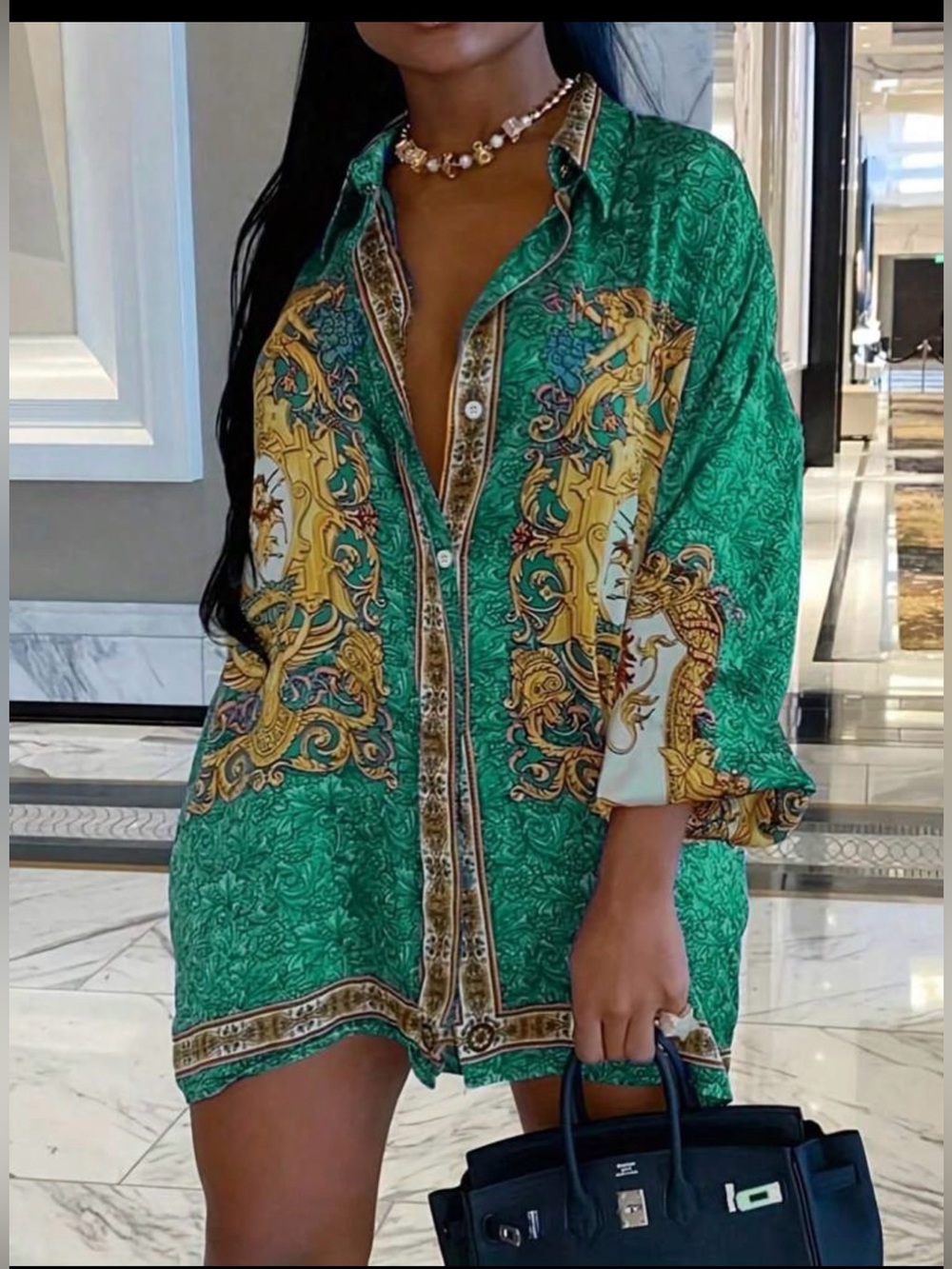 Green Baroque Print Button-Down Tunic Top size M